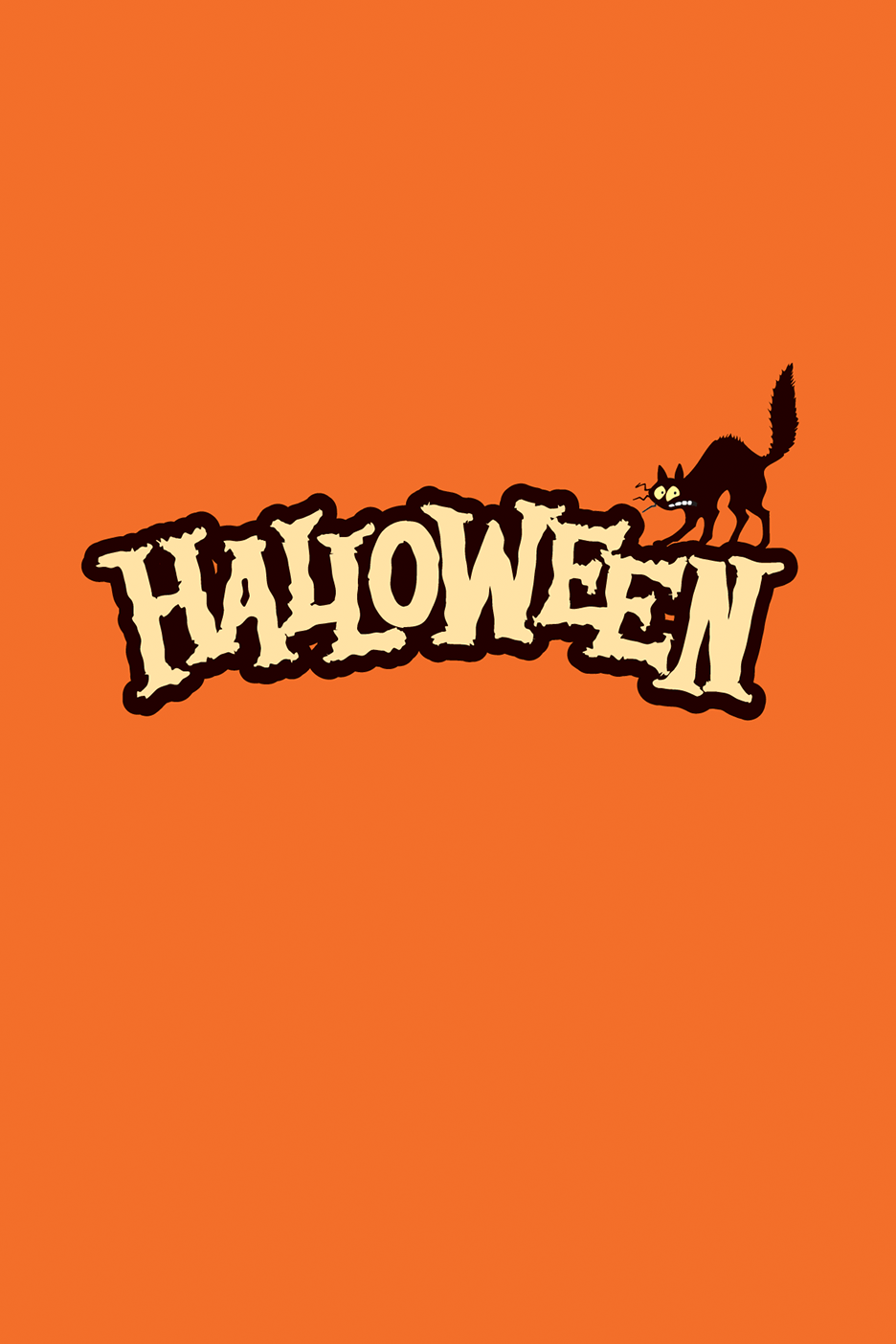 Oranžil taustal on kiri 'Halloween' ja selle kohal hirmunud must kass.