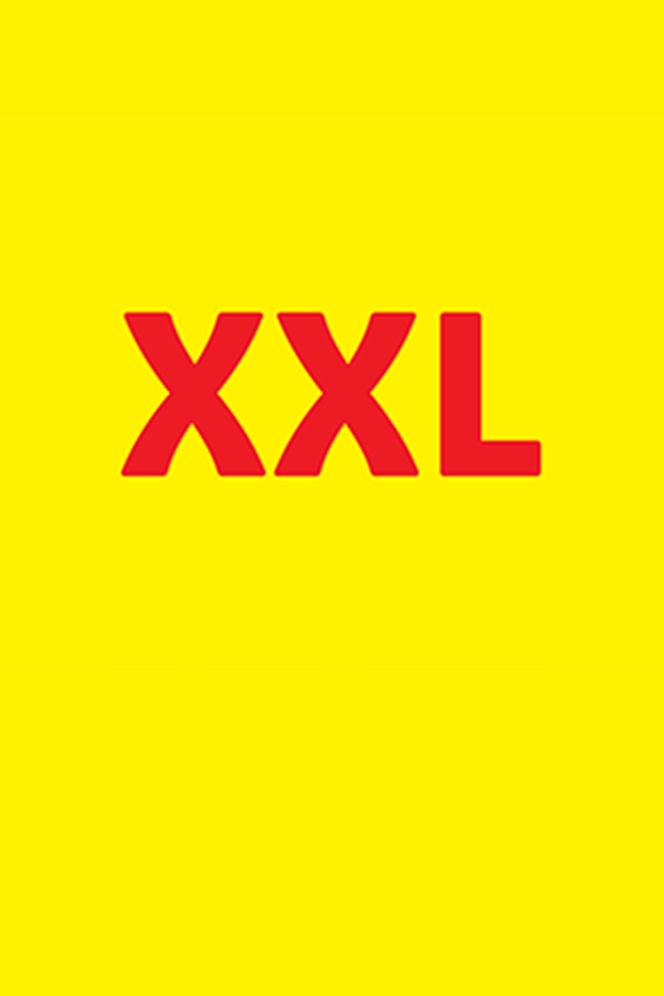 Punane tekst 'XXL' kollasel taustal.