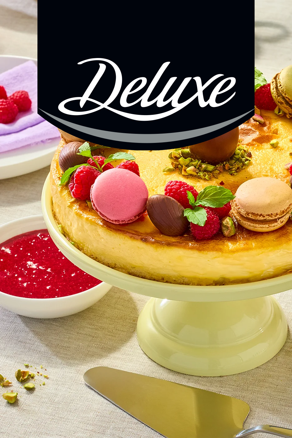 Juustukook vaarikate, makroonide ja pistaatsiapähklitega alusel, kõrval kaste ja labidas. Tekst: Deluxe.