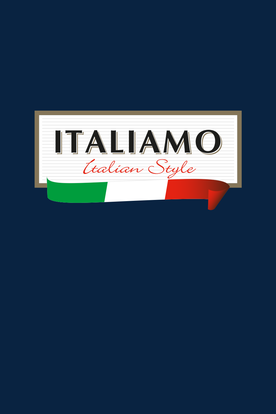 Silt kirjaga 'ITALIAMO Italian Style' ja Itaalia lipu värvides lint tumesinisel taustal.