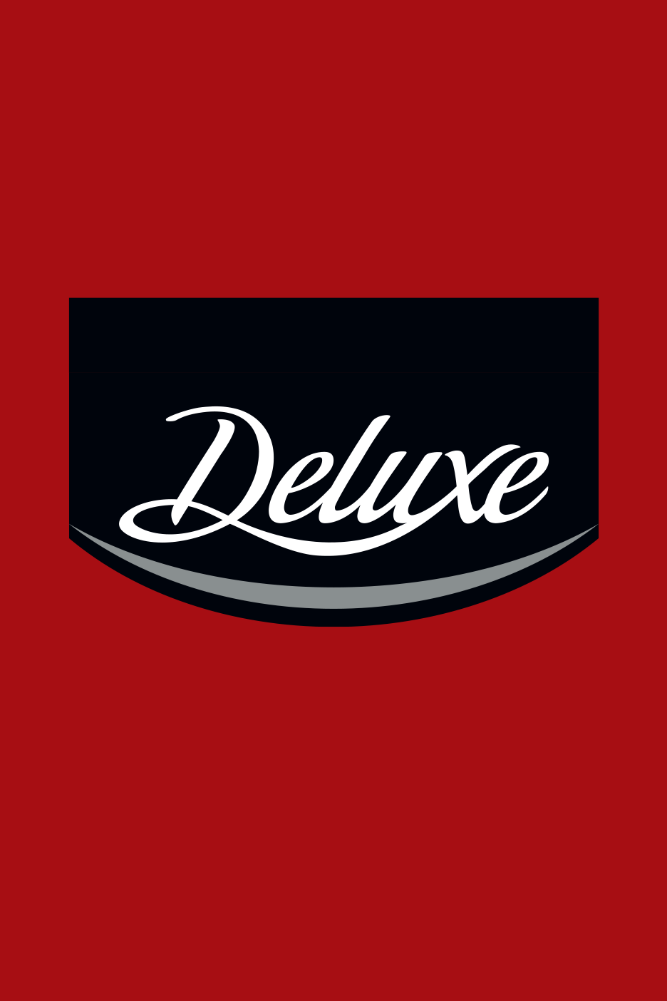Deluxe logo mustal taustal punase raamiga.