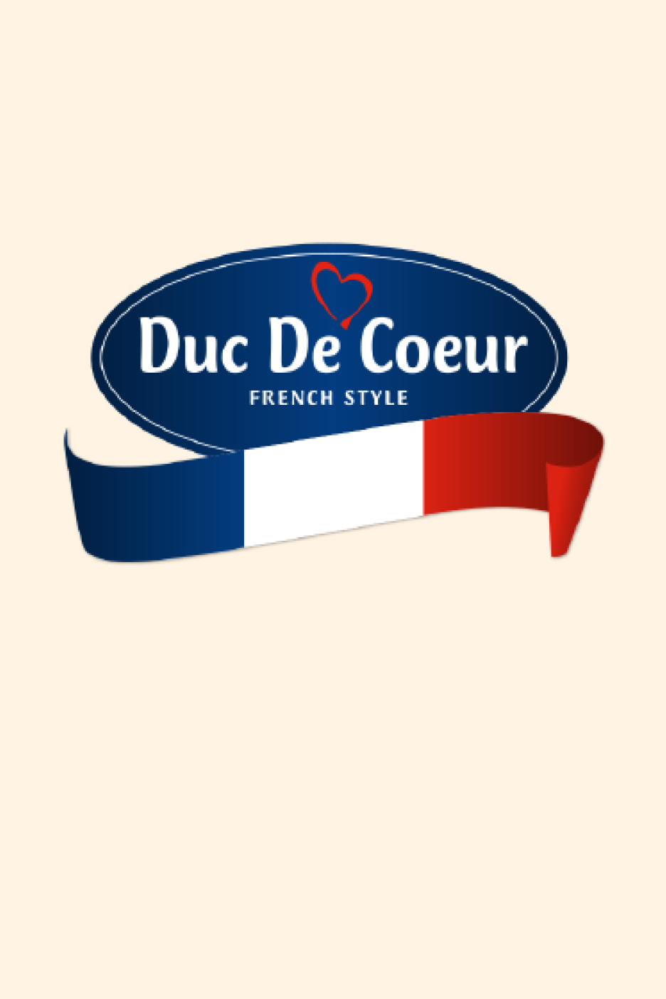 Ovaalse kujuga Duc De Coeur logo kirjaga 'FRENCH STYLE' ja Prantsuse lipu värvides lindiga.