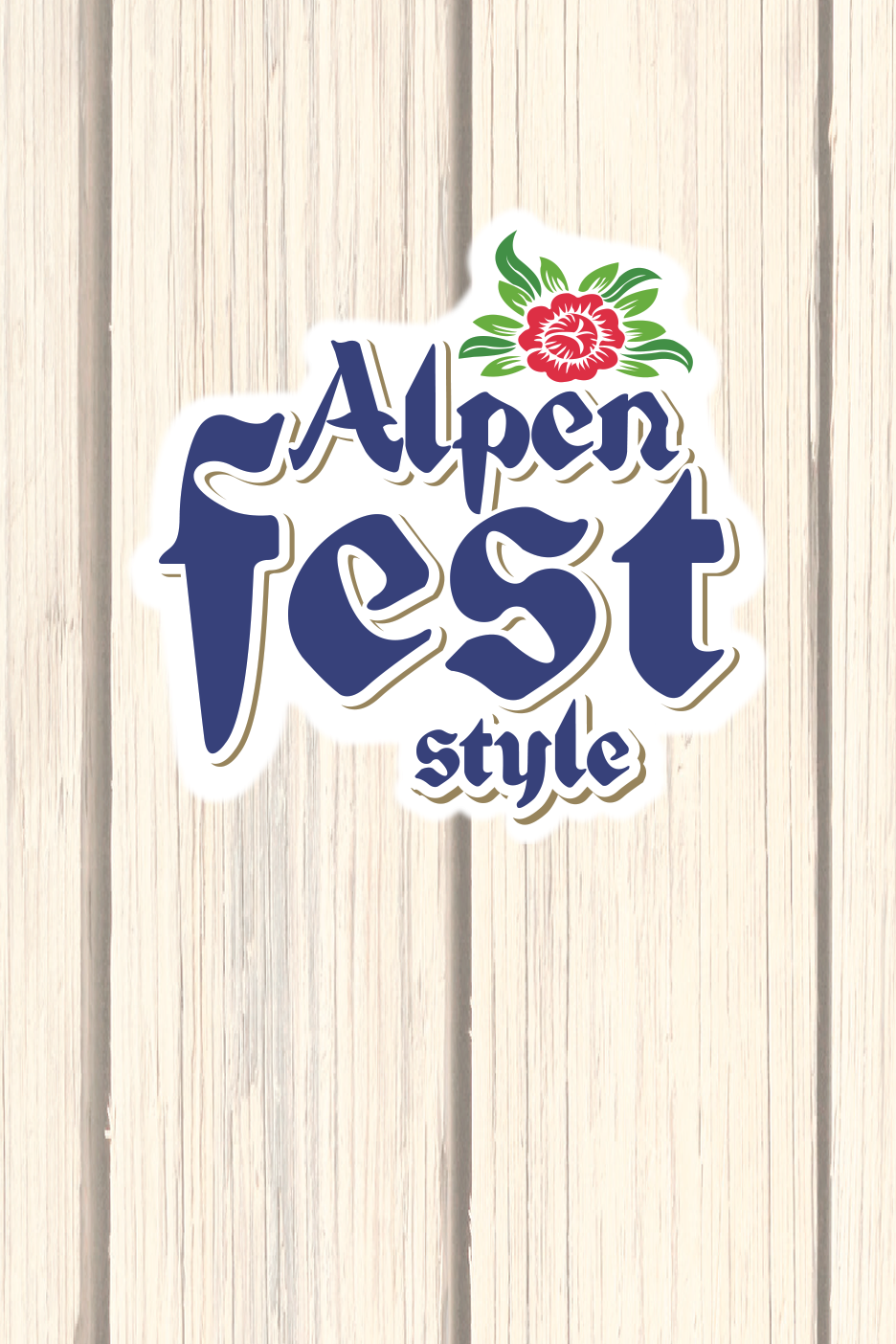 Alpen Fest stiilis logo punase lillega heledal puidust taustal.