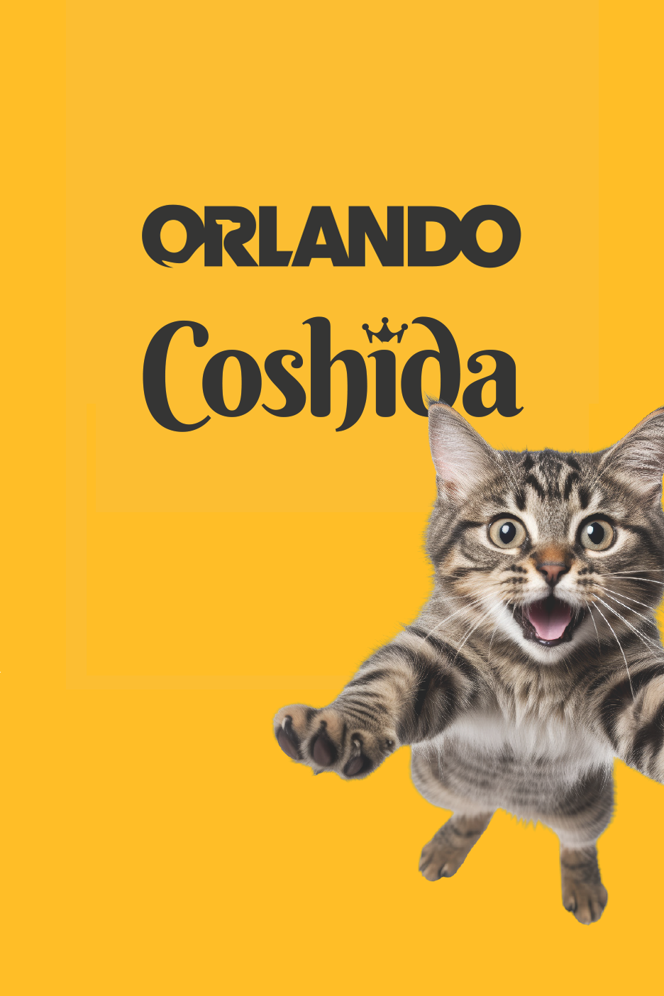 Kollasel taustal hüppav kassipoeg ja tekst 'ORLANDO Coshida'.