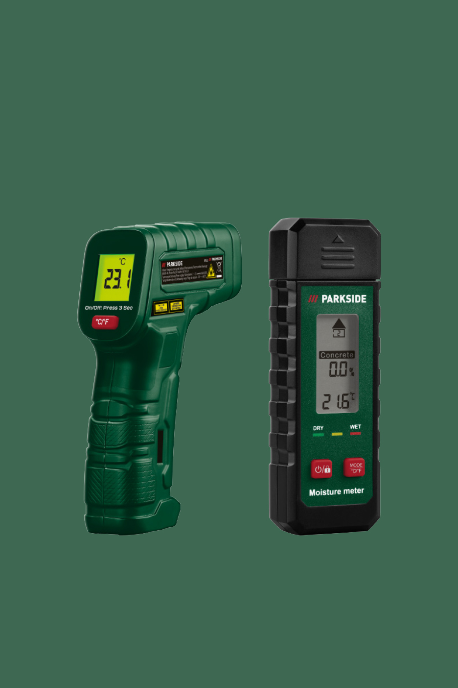 Parkside infrapunatermomeeter ja niiskusmõõtur rohelisel taustal.