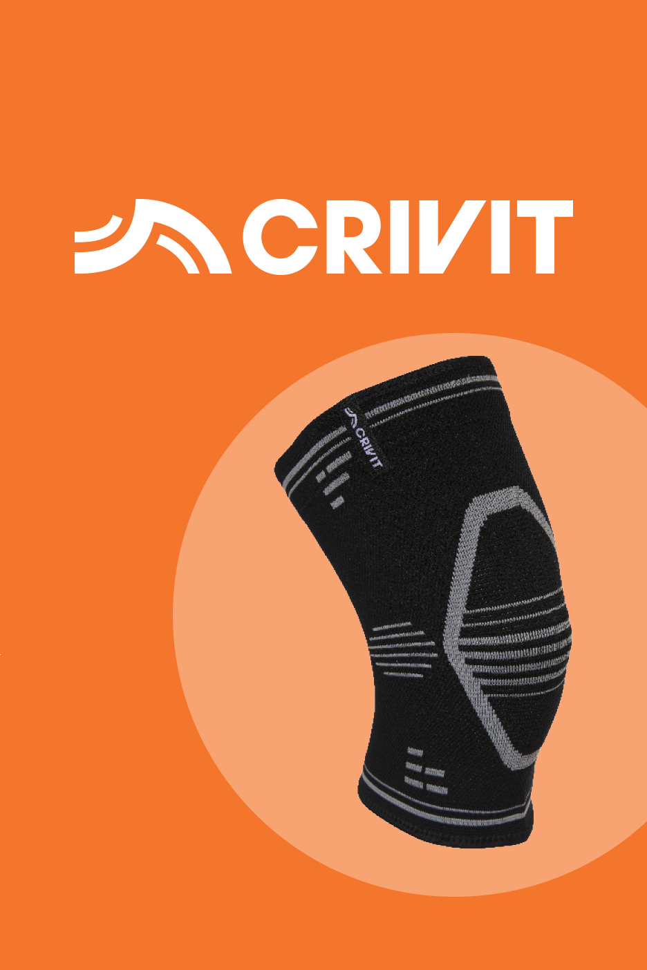 Must spordipõlvekaitse oranžil taustal, millel on valge tekst ja logo.