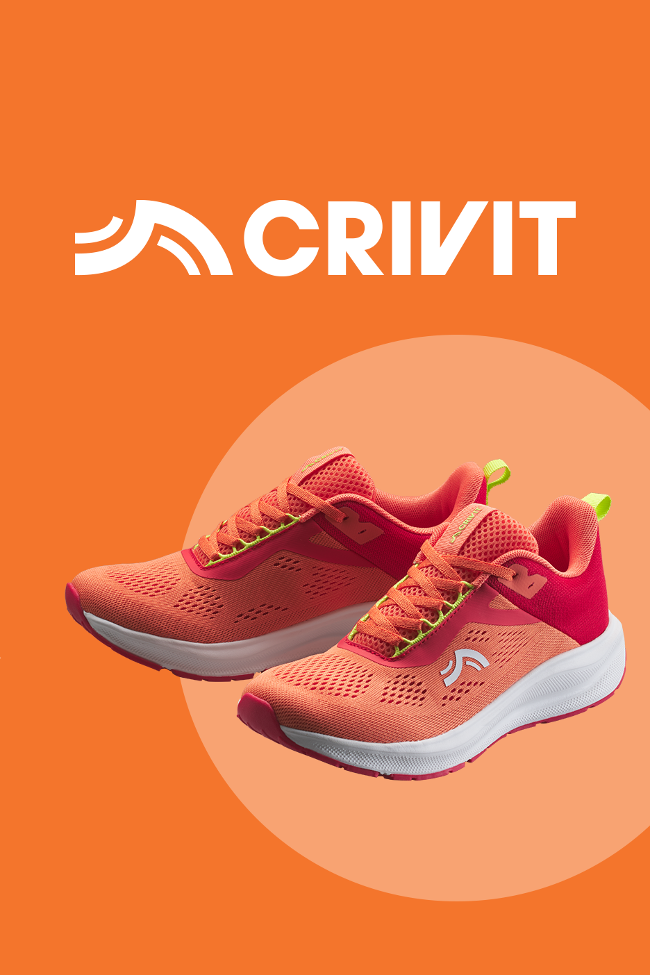 Oranžidel taustal roosad ja oranžid spordijalatsid, mille kohal on valge logo.