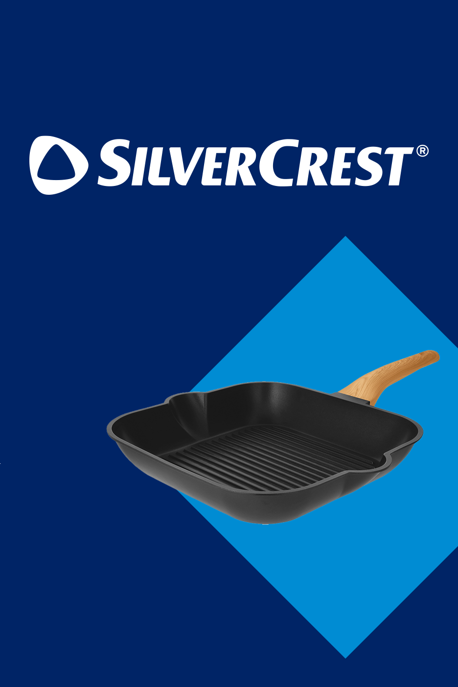 Must grillpann puidust käepidemega sinisel taustal