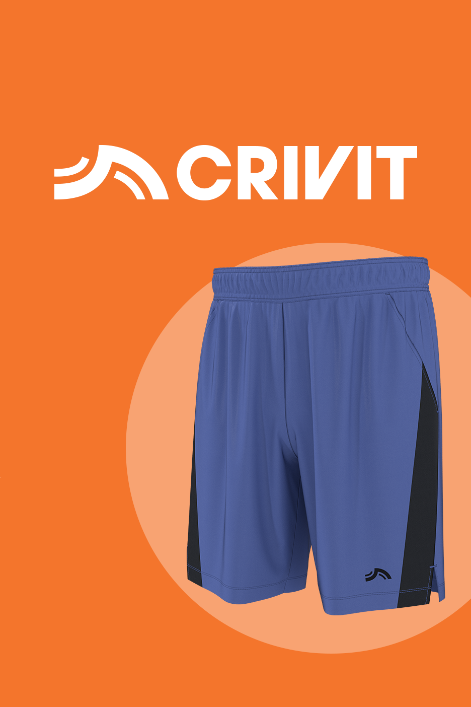 Sinised spordišortsid mustade detailidega oranžil taustal.