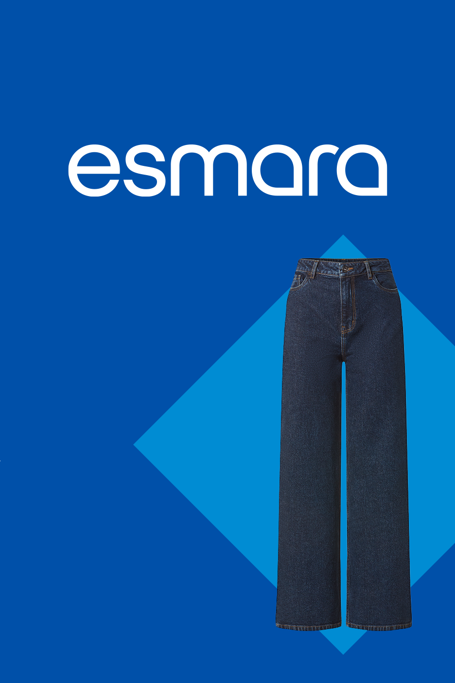 Tumesinised laiad teksapüksid sinisel taustal geomeetrilise mustriga.