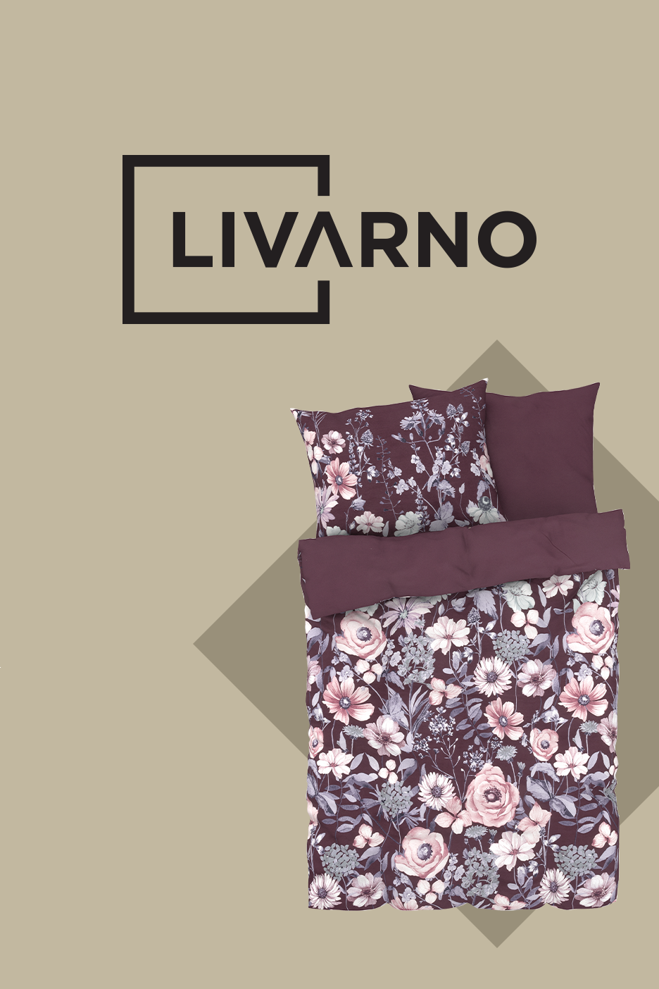 Lillemustriga voodipesukomplekt ja Livarno logo.