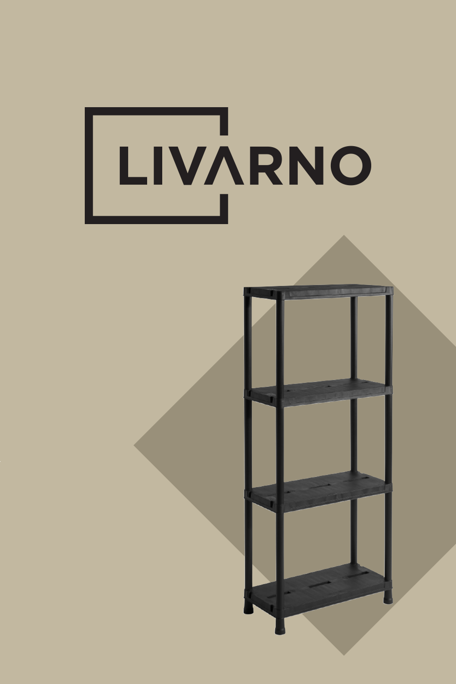 Must nelja riiuliga plastriiul beežil taustal, millel on stiliseeritud logo.
