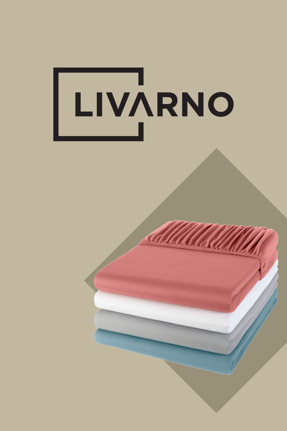 Värvilised voodilinad virnas, roosa, valge, hall ja sinine, taustal logo LIVARNO.