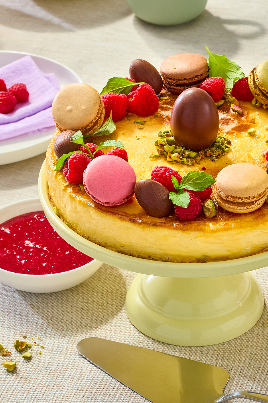 Juustukook vaarikate, makroonide, šokolaadimunade ja pistaatsiapähklitega koogialusel.