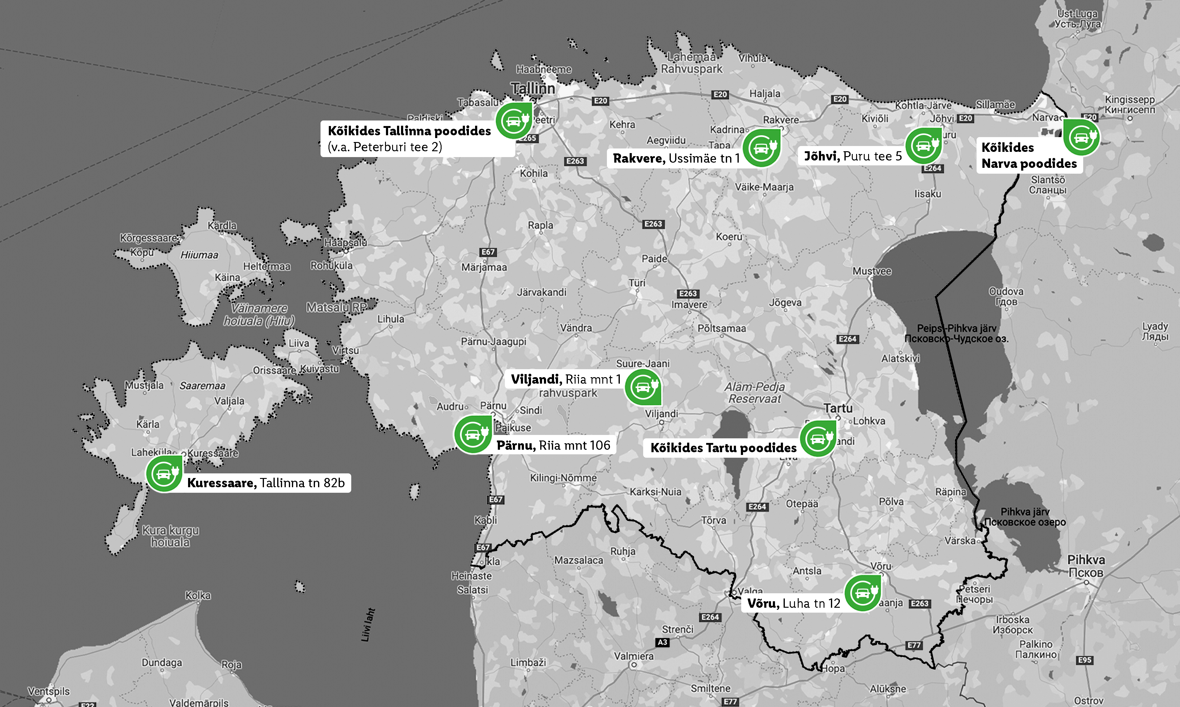 Kaart, mis näitab kaupluste asukohti Estonians, sealhulgas Tallinnas, Tartus, Pärnus ja Narvas.