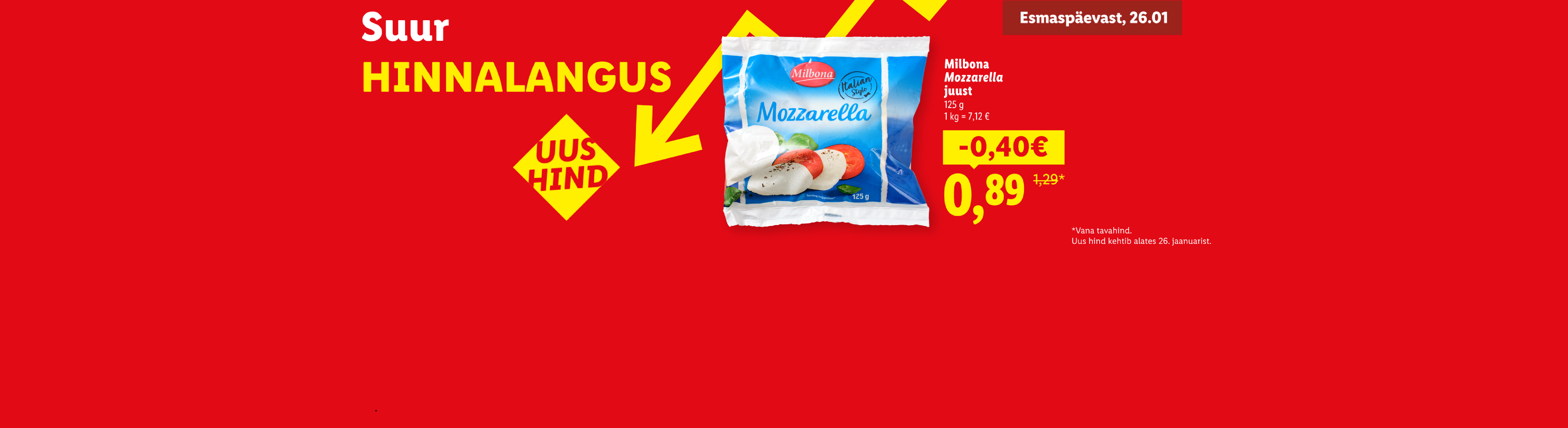 Красный фон с большой скидкой на сыр моцарелла, новая цена с 26 января.
