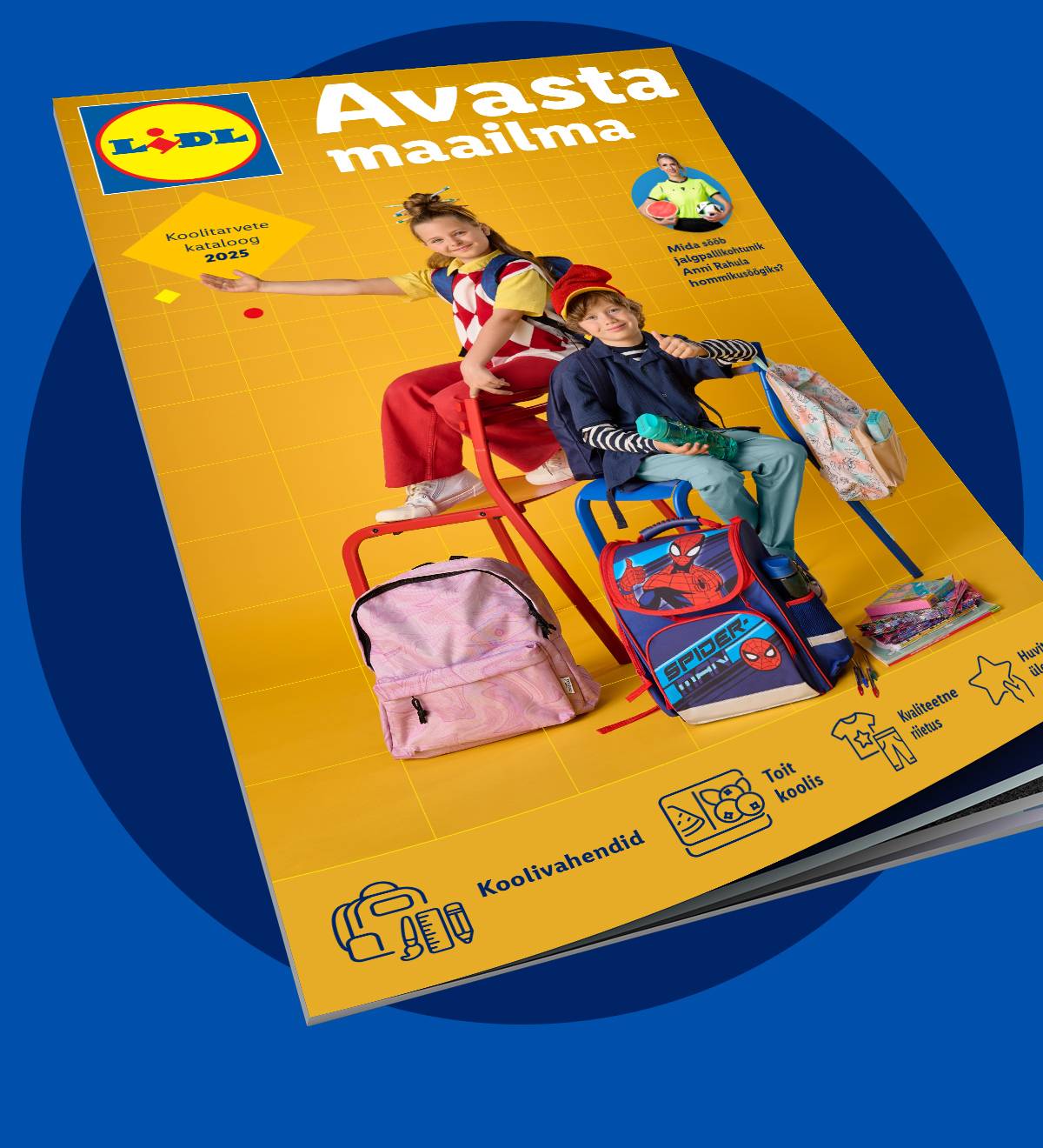 Lidl koolikaupade kataloog 2025: seljakotid, koolivarustus, lastele mõeldud rõivad.