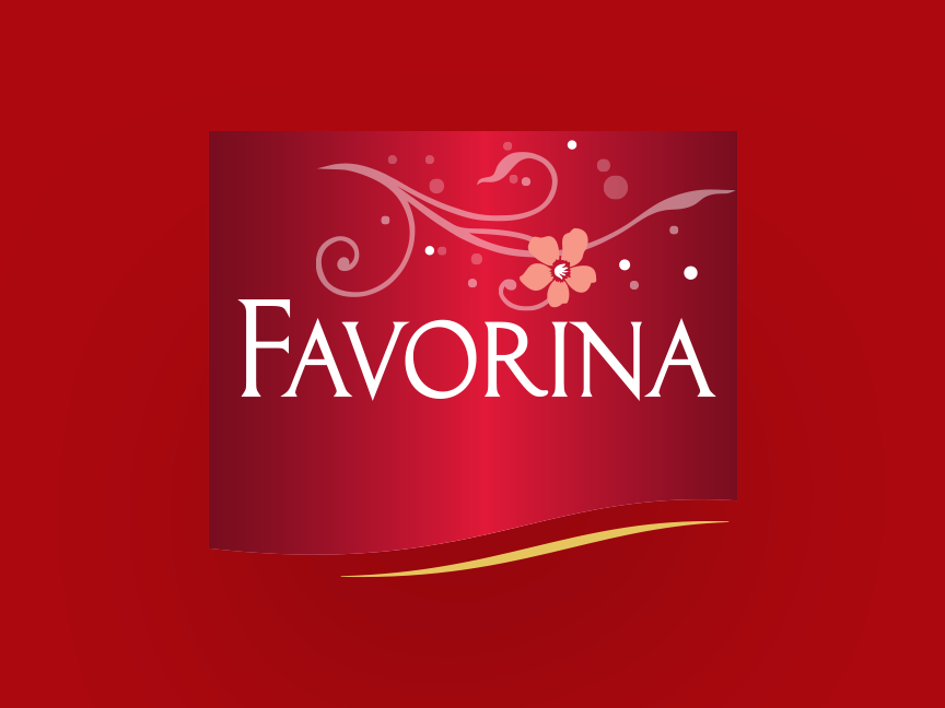Favorina logo punasel taustal, millel on valge tekst ja õiekaunistused.