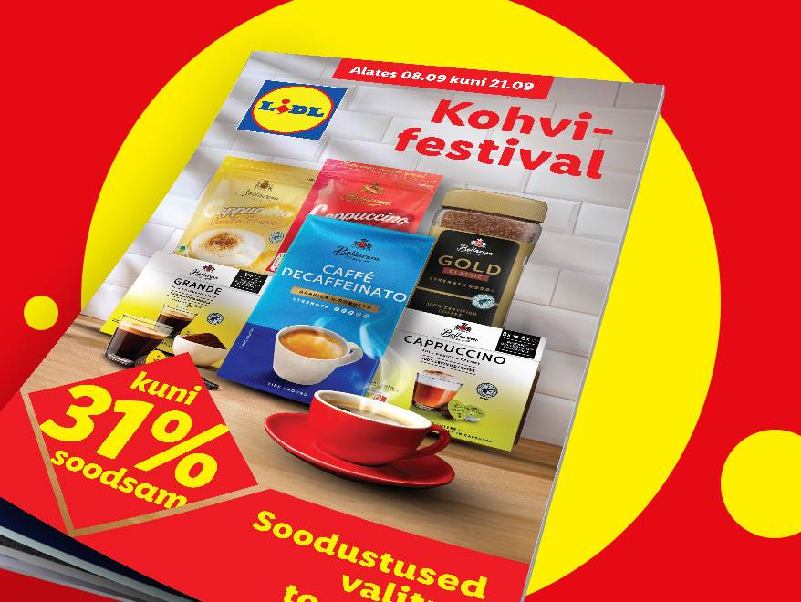 Lidli kohvifestivali reklaam, kus on näha erinevaid kohvipakke ja tassi kohvi.