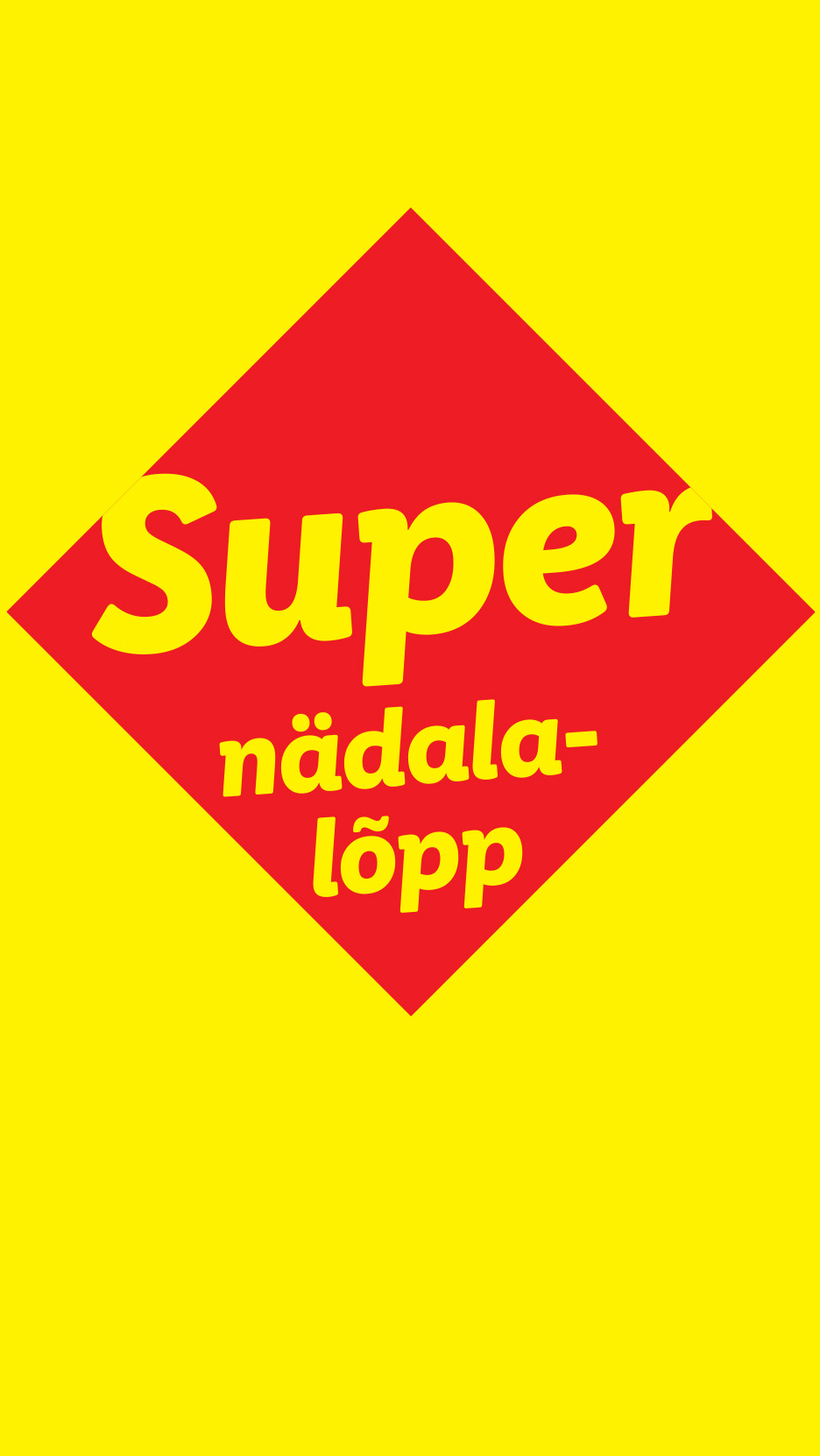 Super nädala-lõpp logo: kollane tekst punasel rombil kollasel taustal.
