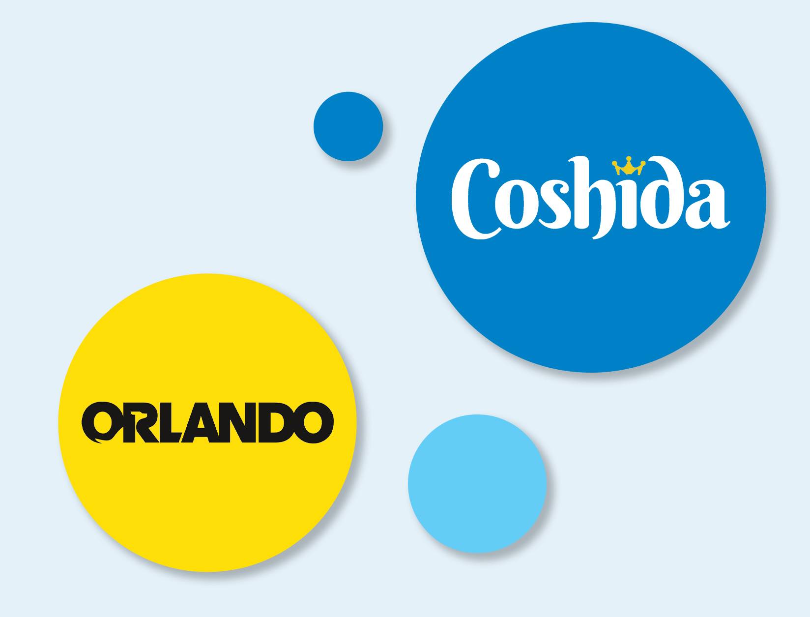 Sinine ring logoga 'Coshida' ja kollane ring tekstiga 'ORLANDO' helesinisel taustal.