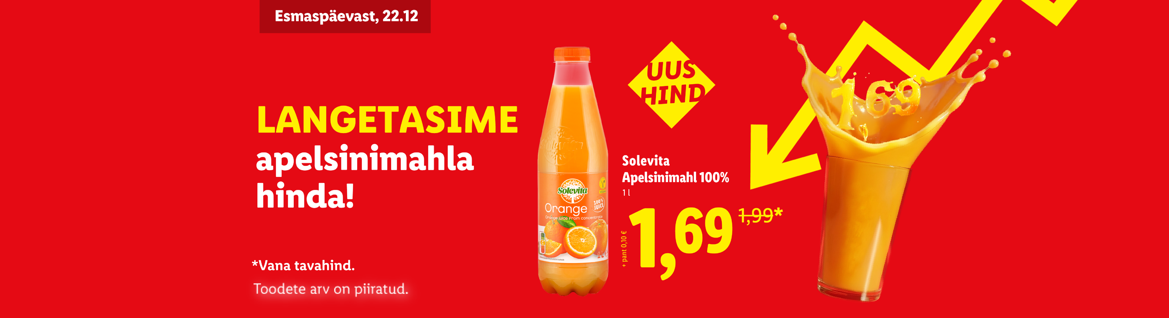Реклама апельсинового сока Solevita 100% по сниженной цене 1,69 евро.