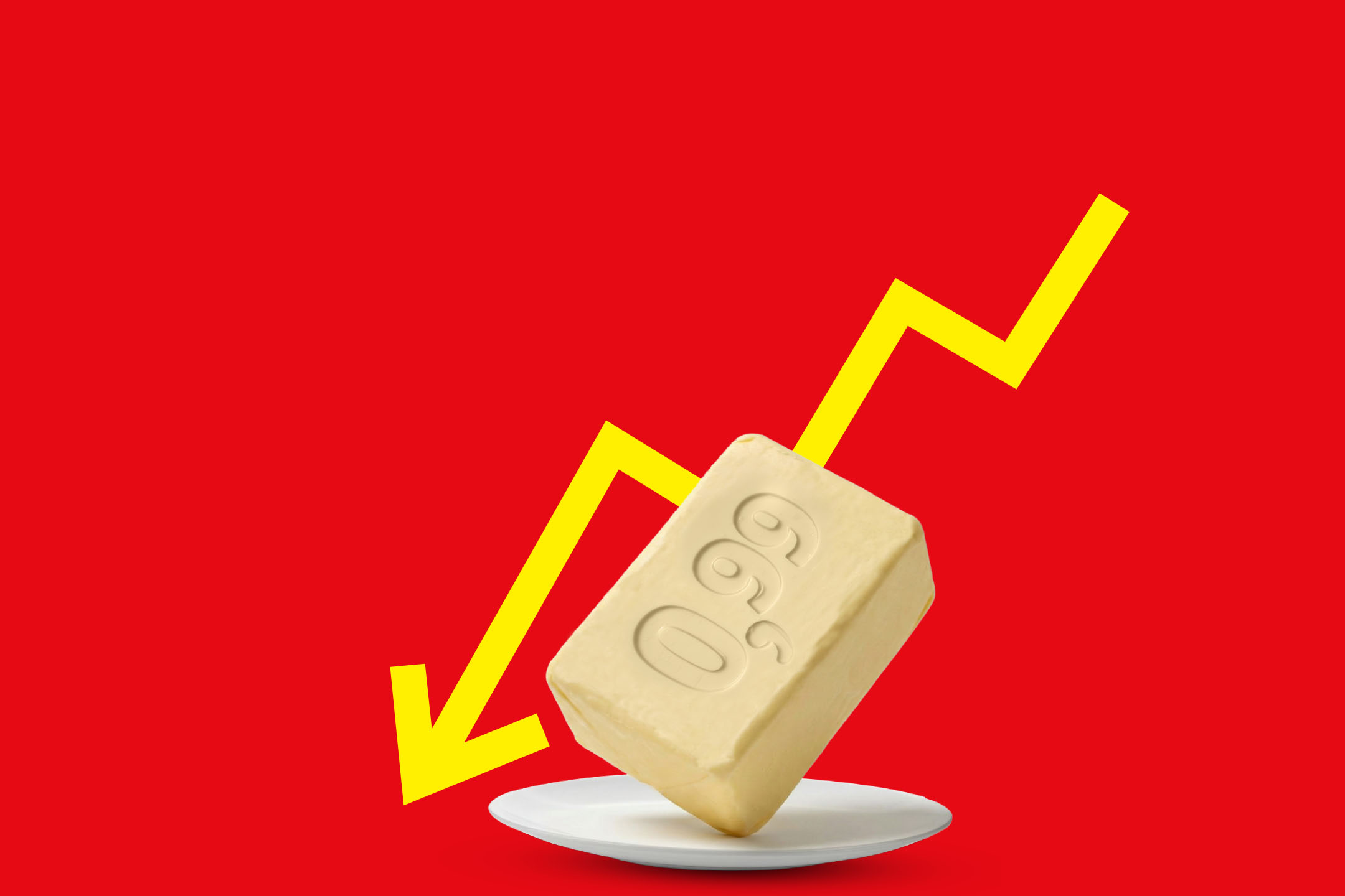 Võipakk numbriga '0.99' taldrikul, punasel taustal kollase allapoole suunatud trendinooliga.