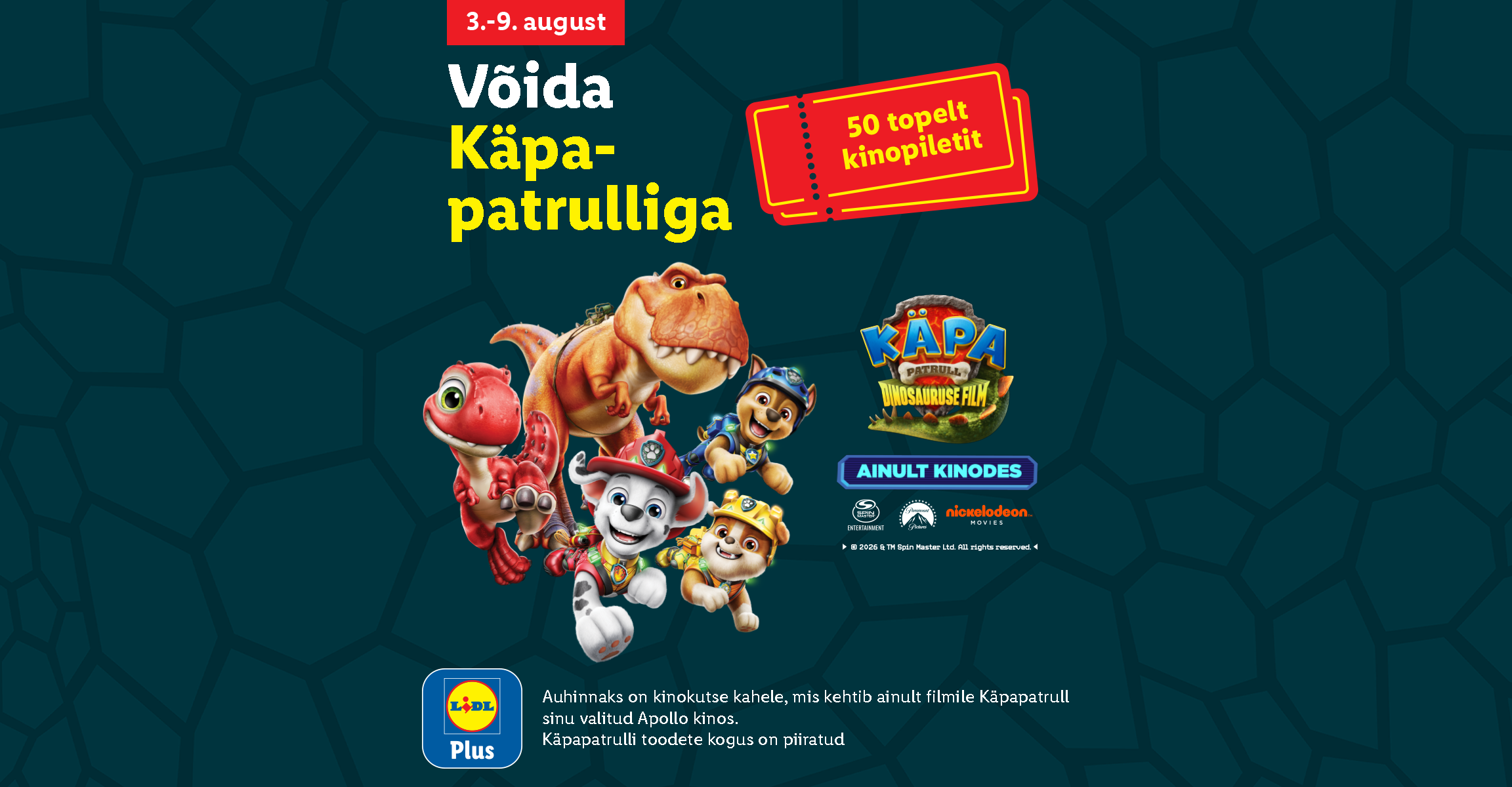 Reklaamfilm, mis pakub võimalust võita kinopileteid, kujutades koeri ja dinosauruseid.