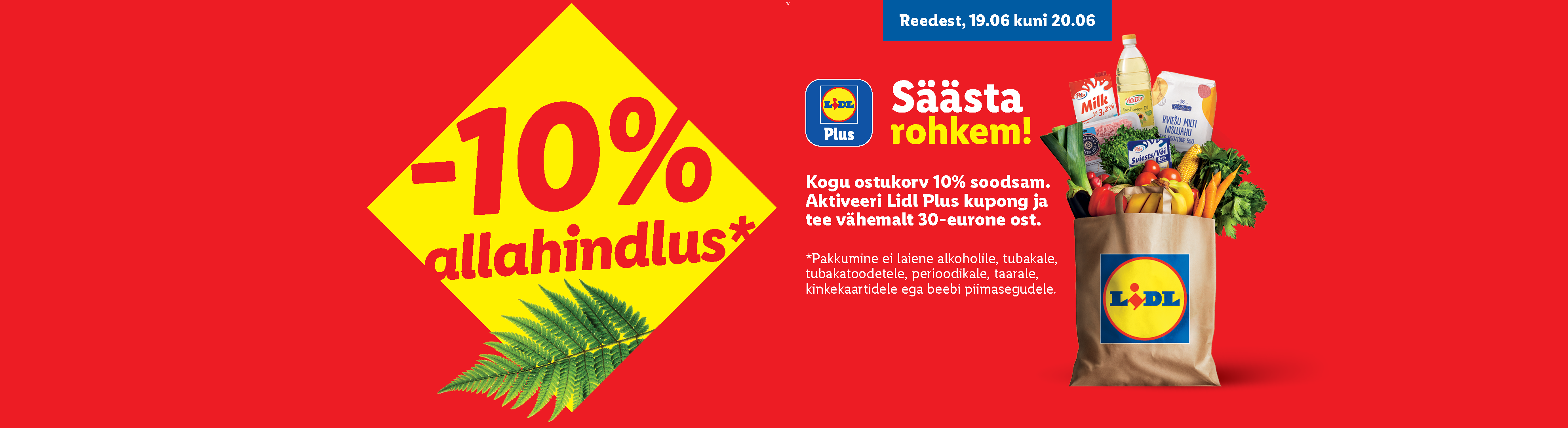 Punane taust kollase rombiga, millel on kiri „-10% allahindlus“, ja paberkott toiduainetega.