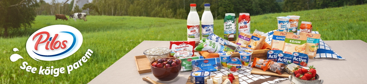 Pilos piimatooted: piim, juustud, jogurtid ja kefir kaunis loodusmaastikus.
