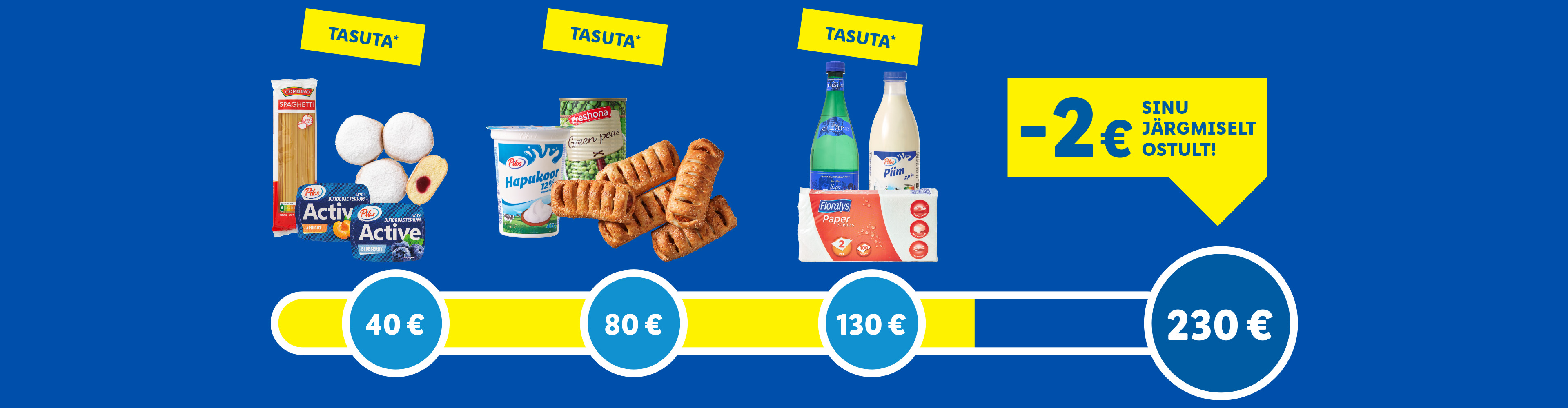 Reklaam erinevate toodetega, nagu spagetid, jogurt, hapukoor, herned, saiakesed, vesi, piim ja paberrätikud, ning sooduspakkumised.