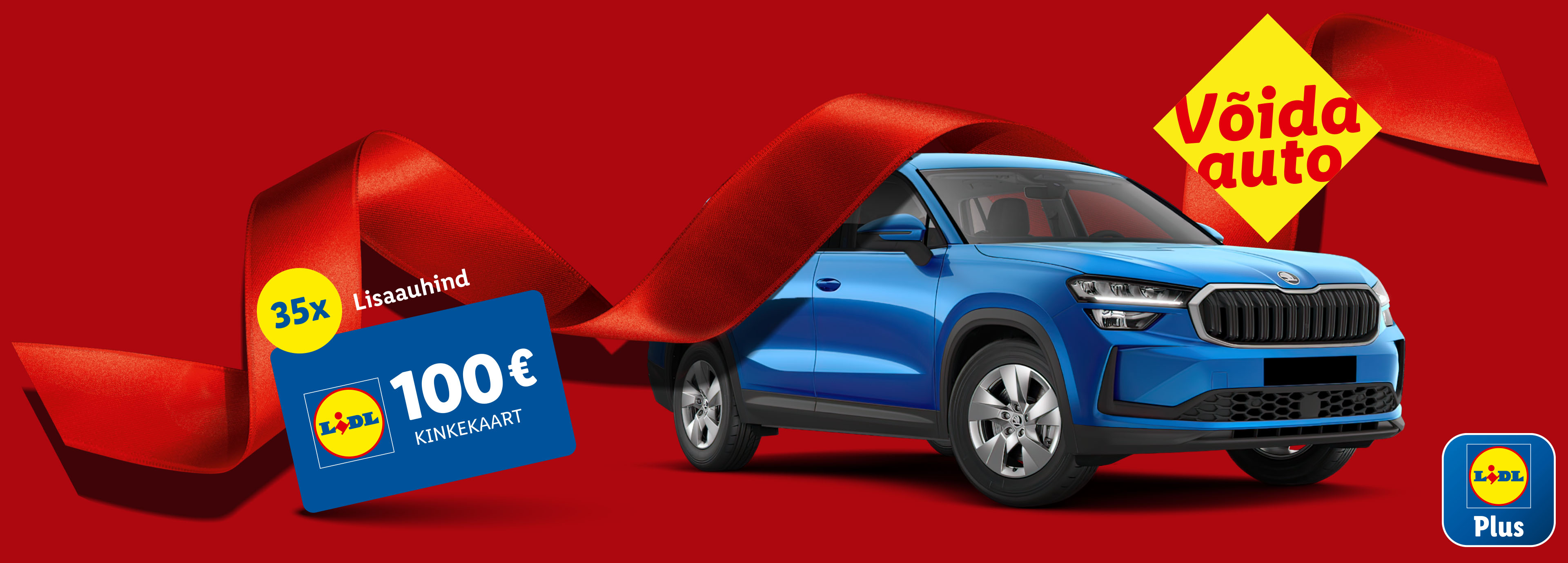 Lidl loosimine: sinine auto, 35x 100€ kinkekaardid ja Lidl Plus logo punasel taustal.