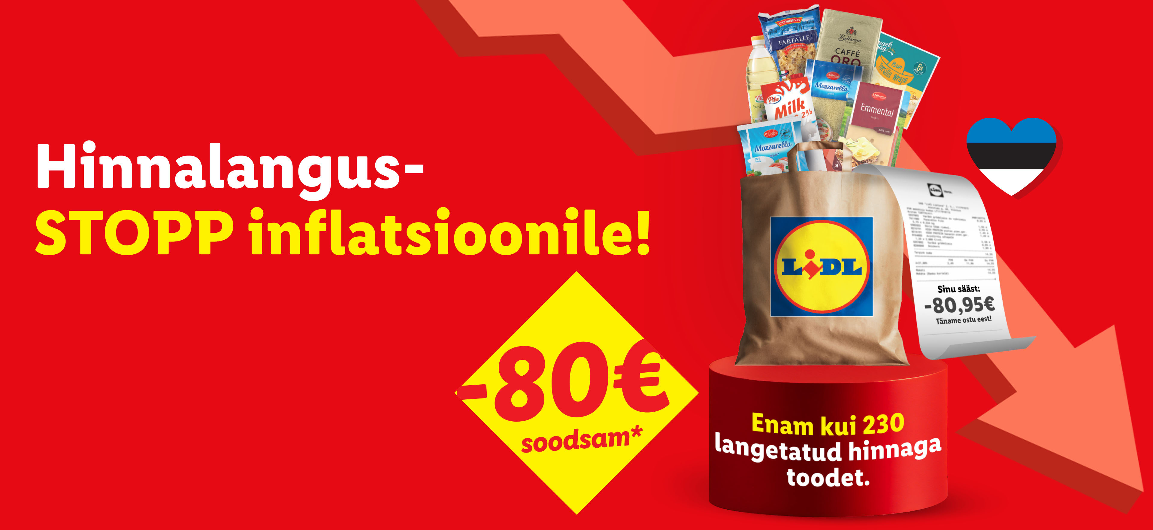 Lidl reklaam: hinnad alla, inflatsioonile stopp! Ostukott toodetega, sääst -80,95€.