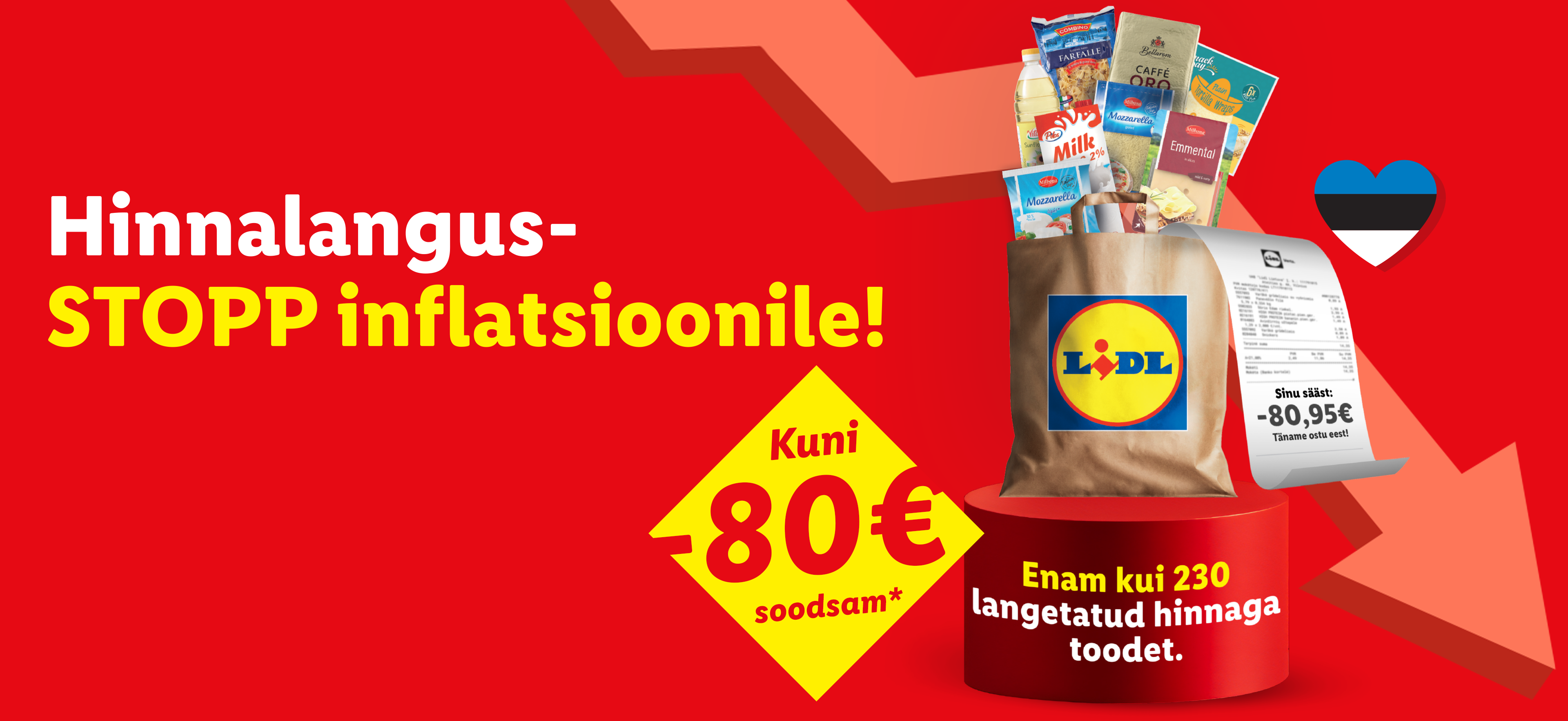 Lidl reklaam: kuni 80€ soodsamalt, ostukott toodetega ja tšekk säästuga, inflatsioonivastane kampaania.