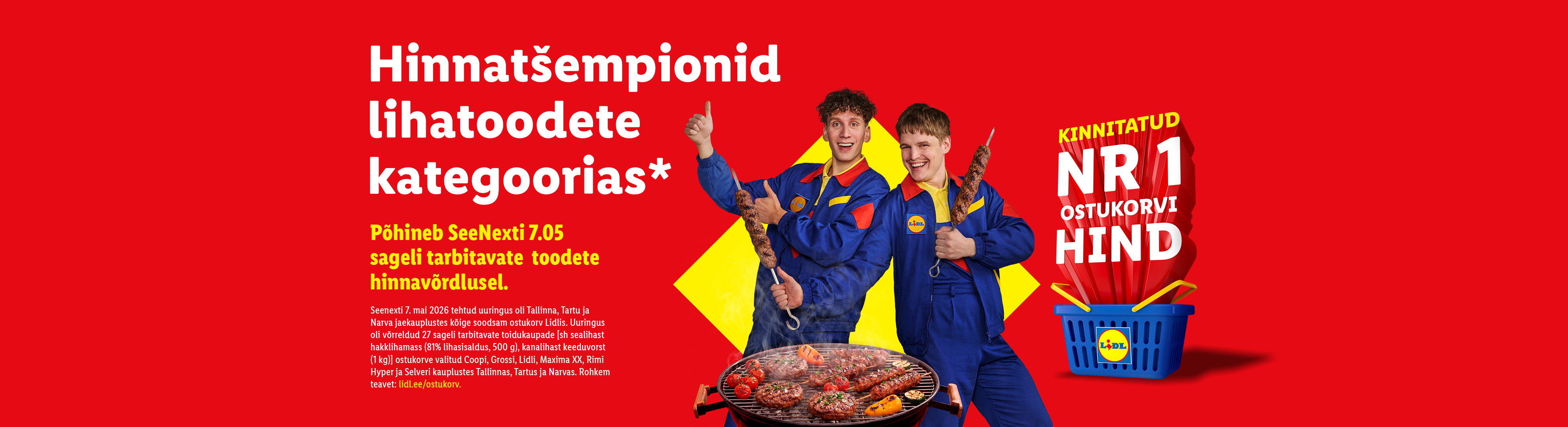 Kaks meest grillivad liha ja köögivilju, taustal tekst 'Hinnatšempionid lihatoodete kategoorias' ja ostukorv.