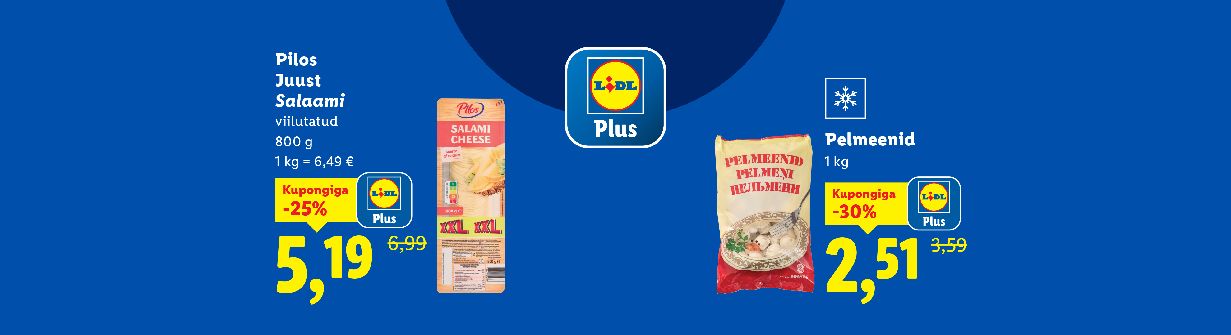 Рекламный баннер Lidl с сыром Pilos Salami и пельменями Pelmeenid со скидками.