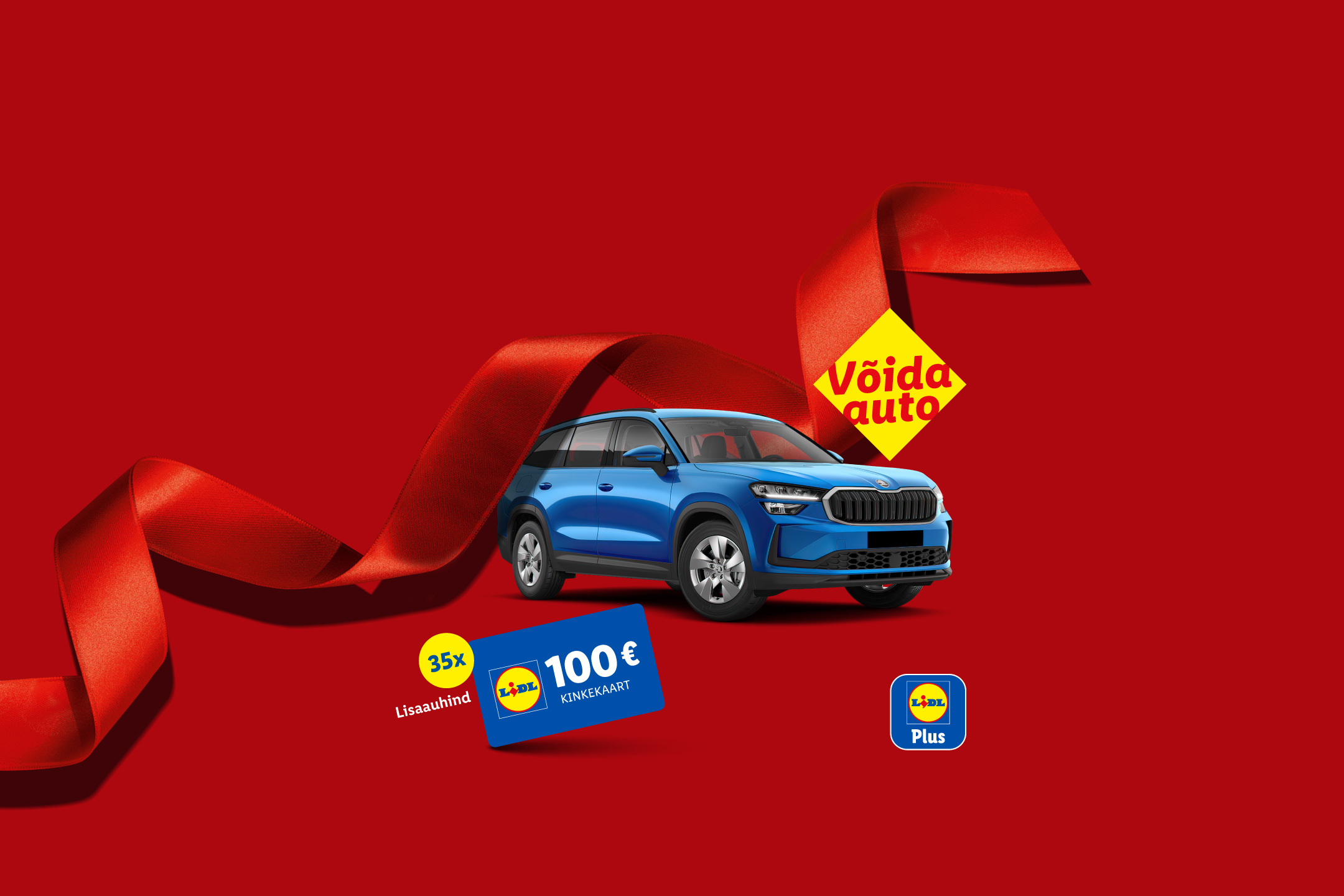Sinine auto, punane lint ja Lidl kinkekaart punasel taustal, tekstiga 'Võida auto'.