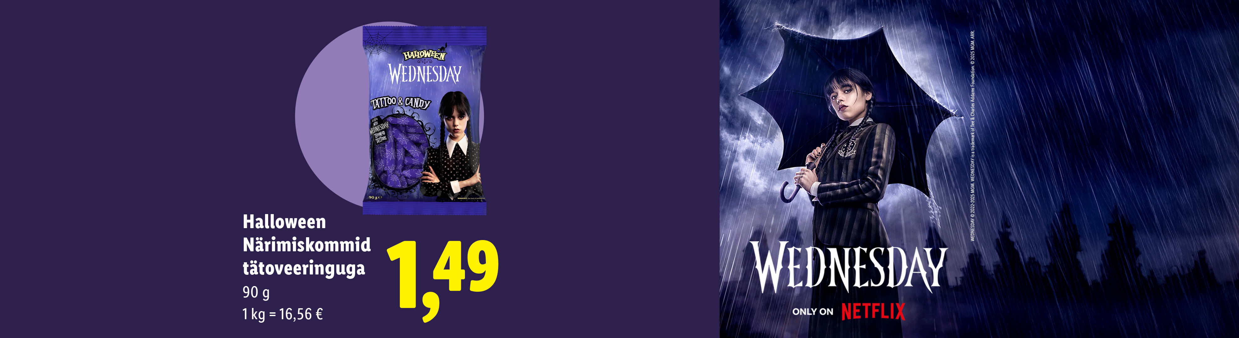 Halloweeni närimiskommid Wednesday teemaliste tätoveeringutega ja Netflixi Wednesday plakat.