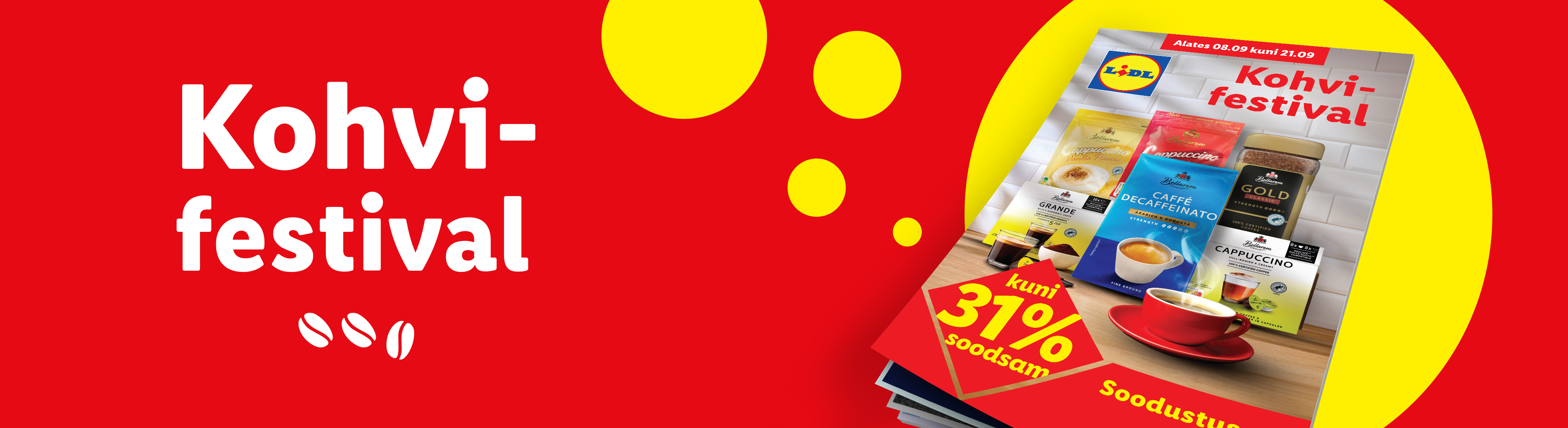 Реклама фестиваля кофе Lidl с различными кофейными продуктами и скидкой 31%.