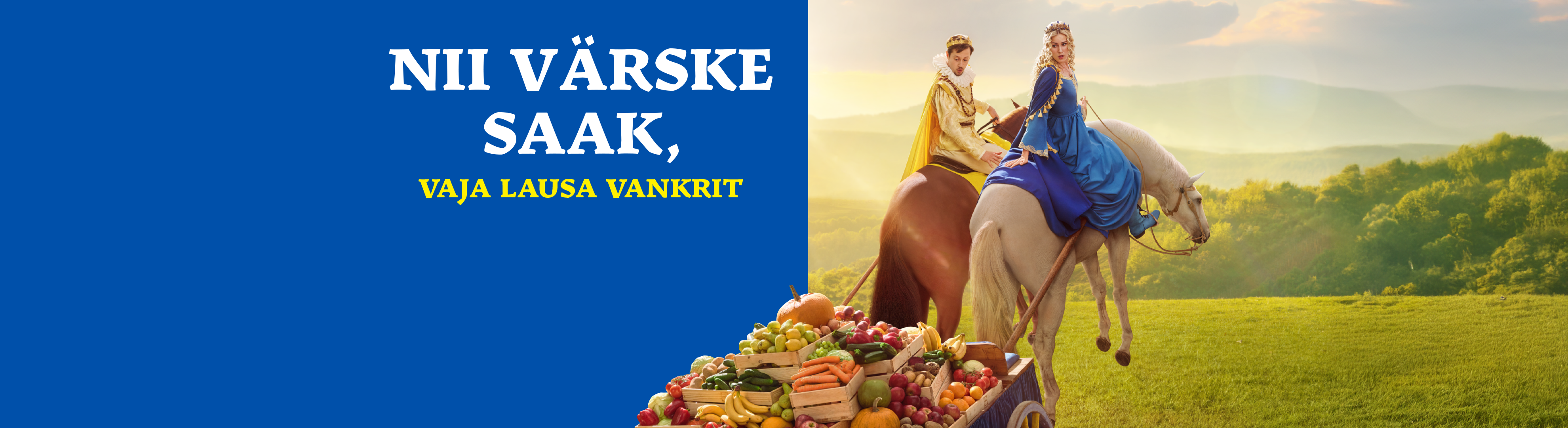 Kuninglik paar hobustel, vedades värskeid köögivilju ja puuvilju.