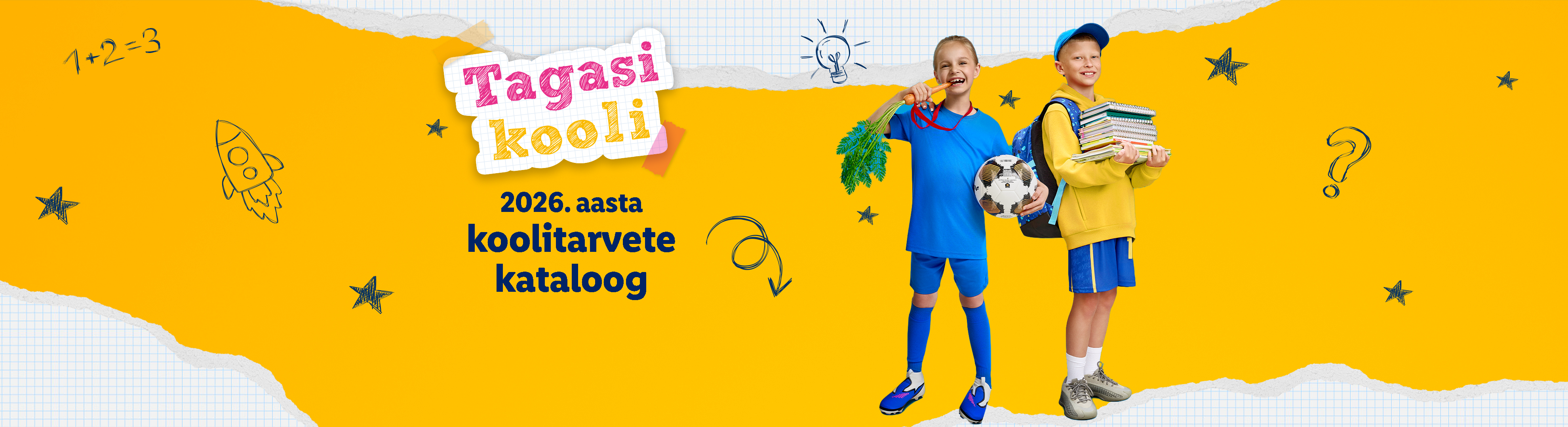 Koolitarvete kataloog 2026: rõõmsad lapsed koolikottide, raamatute ja spordivahenditega.