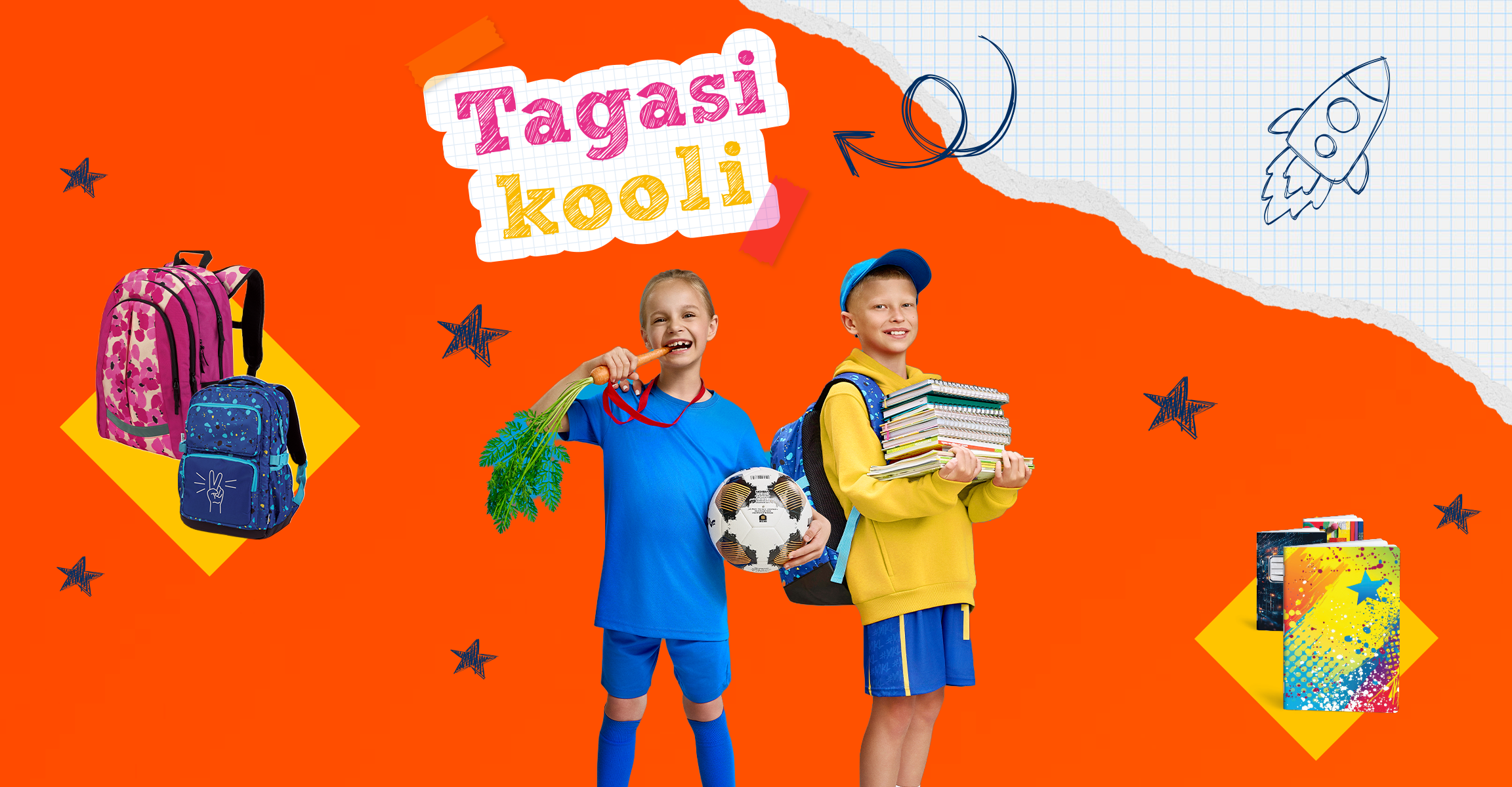Kaks last koolitarvetega, tekstiga 'Tagasi kooli 2026. aasta koolitarvete kataloog' oranžil taustal.