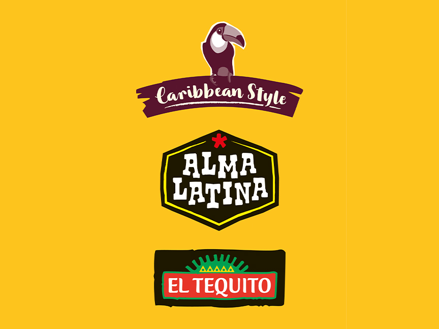 Логотипы «Caribbean Style», «Alma Latina» и «El Tequito» на желтом фоне.