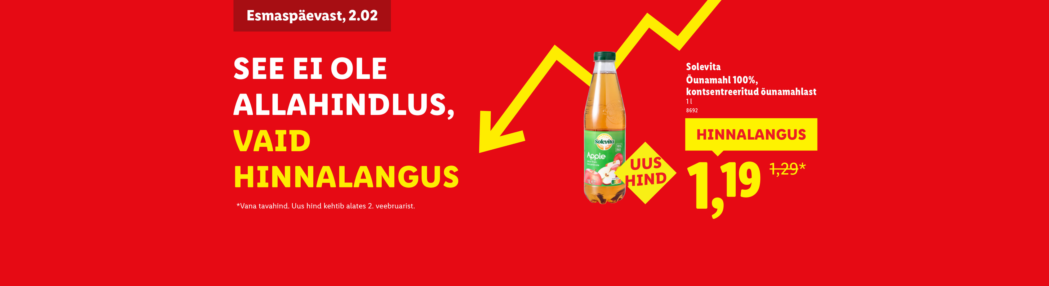 Reklaambänner õunamahlaga, pakkudes hinnasoodustust 1,29 eurolt 1,19 eurole.