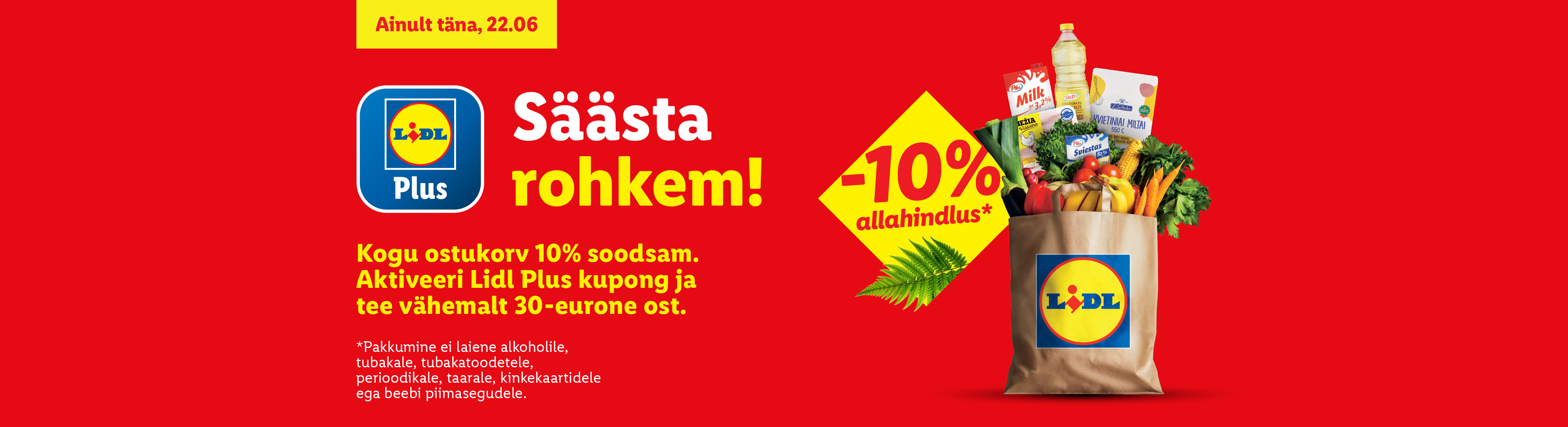 Lidl Plus reklaambänner toidukotiga, pakkudes 10% allahindlust kogu ostukorvile alates 30 eurost.