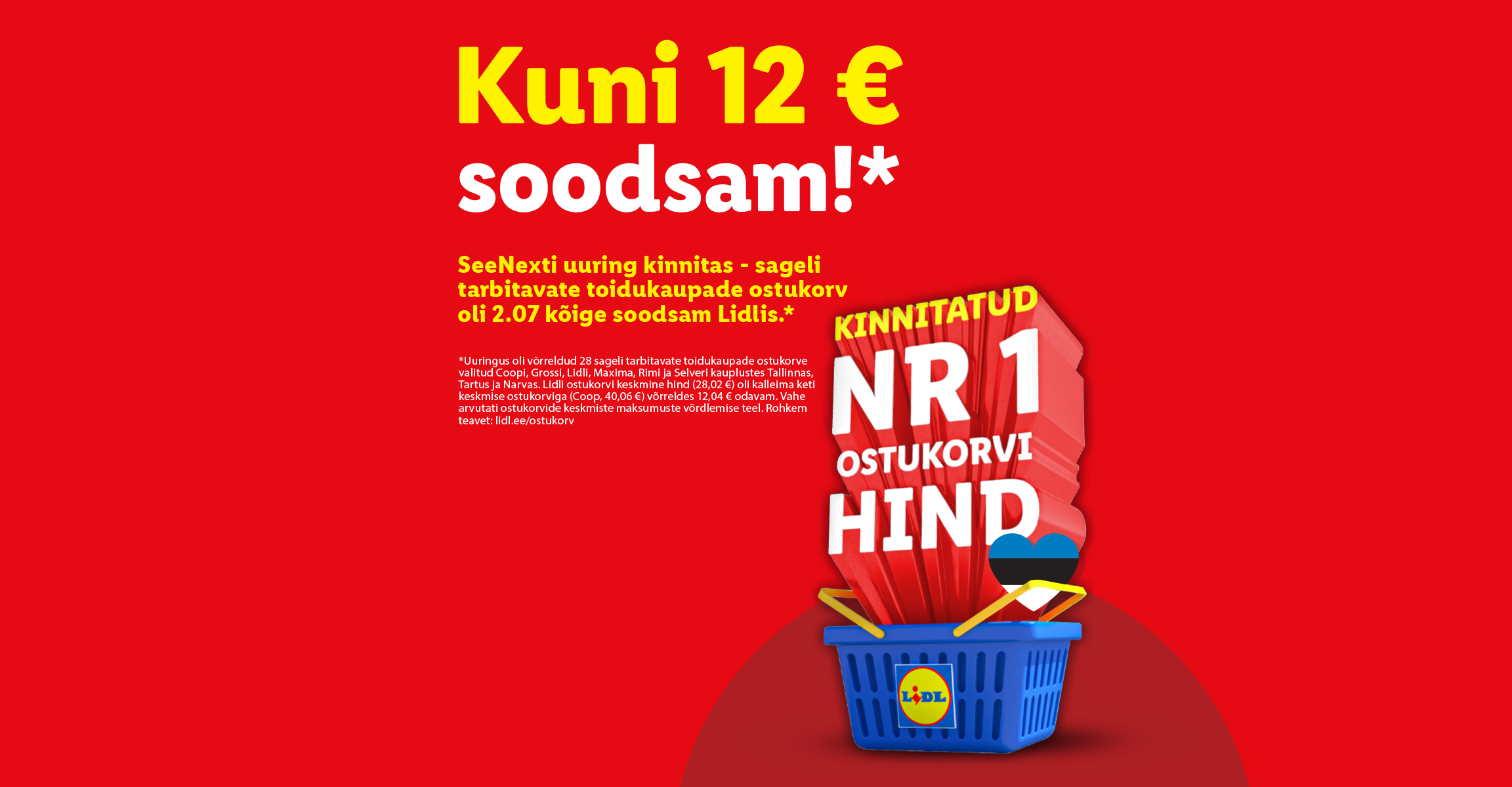 Punane taust, millel on kiri 'Kuni 12 € soodsam!' ja 'Kinnitatud nr 1 ostukorvi hind', koos sinise ostukorvi ja Estonian lipu südamega.