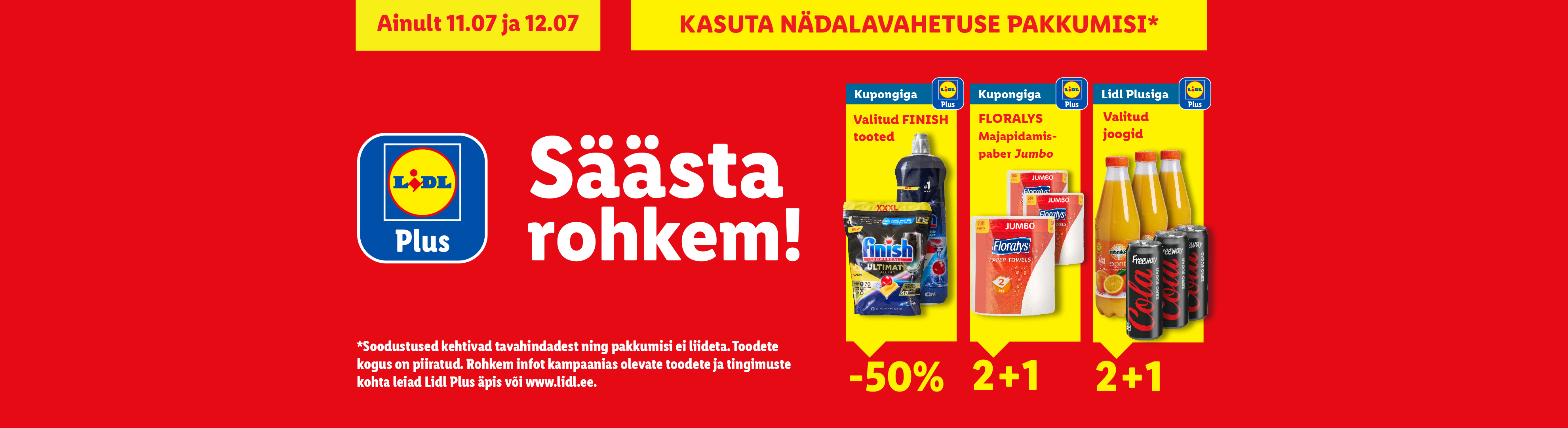 Lidl Plus nädalavahetuse pakkumised: nõudepesuvahendid -50%, majapidamispaber 2+1 ja joogid 2+1.