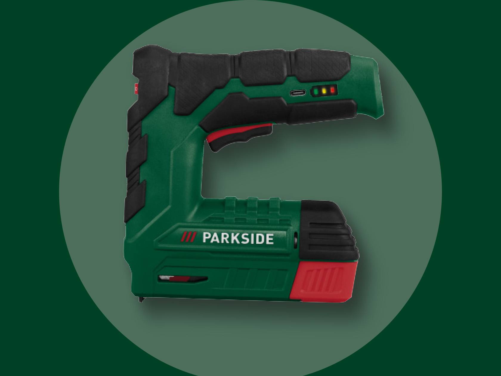 Parkside'i roheline ja must elektriline klammerdaja, millel on punased aktsendid