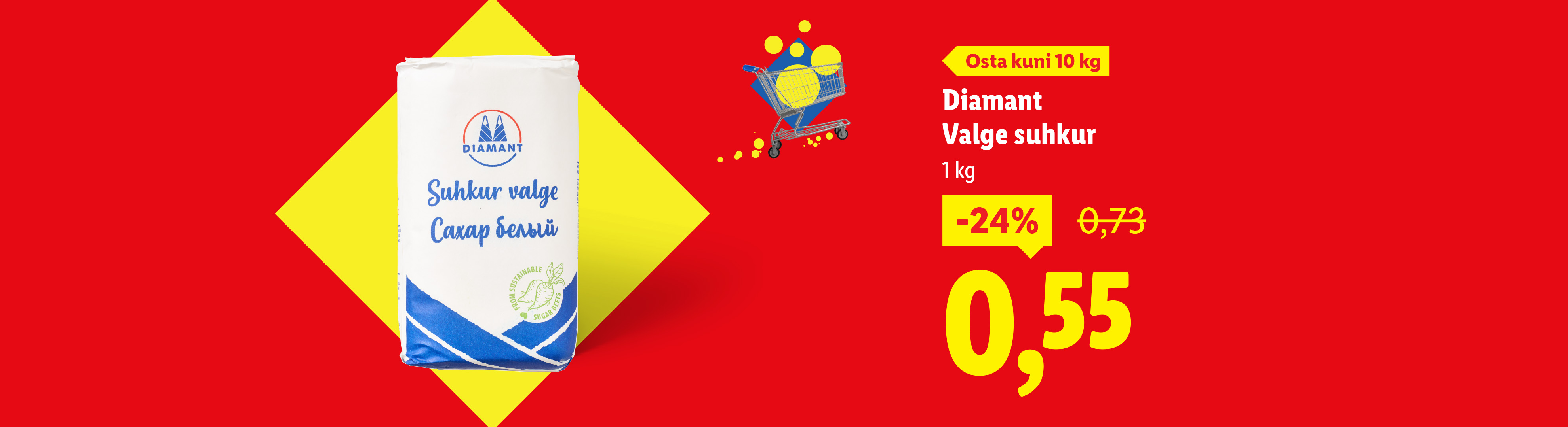 Diamant valge suhkur 1 kg, soodushinnaga 24% ehk 0,55 eurot.