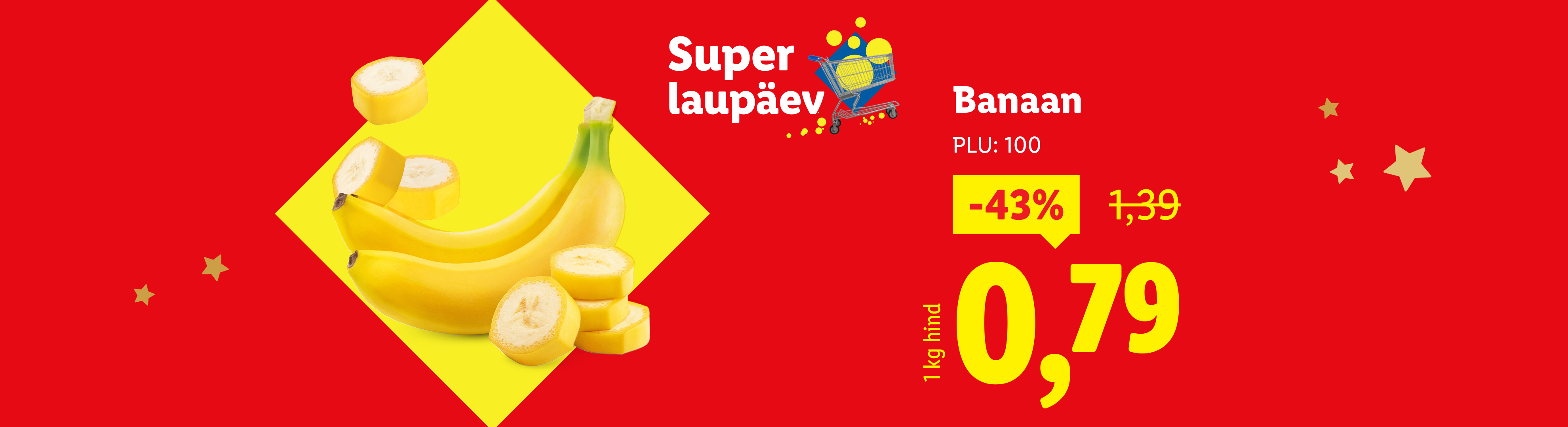 Рекламный баннер Lidl с бананами, скидкой 43% и ценой 0,79.